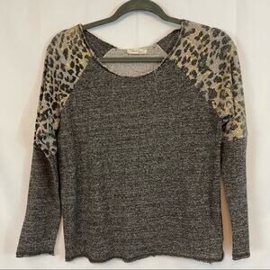 Black Bead, Raglan Sweater, Size Large. Shiny Leopard on the Shoulder!